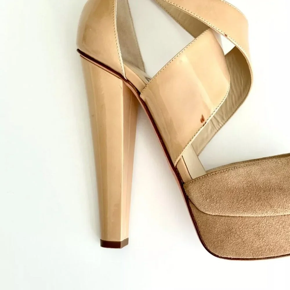 JIMMY CHOO Patent Leather Suede Platform Ankle Strap Sandals in Nude Size US 9